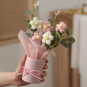 LANLOY Crochet Bouquet | Handmade Knitted Flowers for Decor & Gifting Multicolor Daisy Artificial Flower with Pot (26 cm, Pack of 1, Flower Bunch)